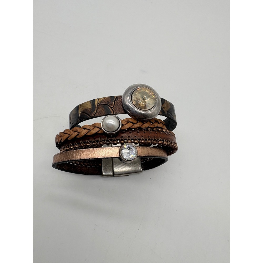 Boho Multi-Strand Leather Wrap Bracelet Bronze Pearl Crystal Magnetic Clasp